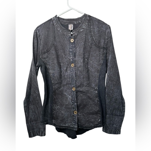 XCVI Crinkled Button Front Jacket Top - Black Gray Distressed Look - Size Small - Picture 1 of 9